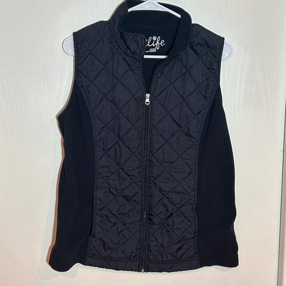 Made For Life Womens Black Quilted Fleece Full Zip Vest Mock Neck Large L